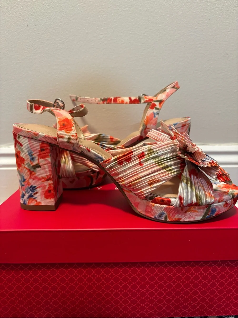 Kelly & Katie Floral Pleated Bow Platform Sandal - Coral Multi